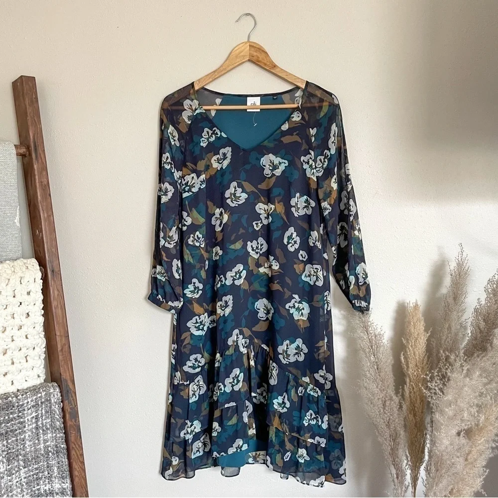 CAbi |โ Floral Blue & Tan Sheath Dress, medium - Picture 3 of 10
